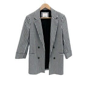Bershka Black & White Gingham Open Front Blazer Jacket, 3/4 Sleeve Size Medium
